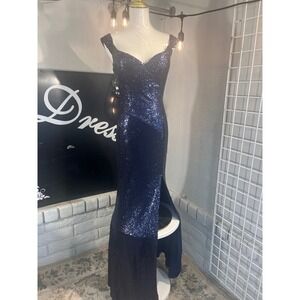 Sparkling Navy Blue Sequined Evening Gown Sweetheart Neckline Slit Dress Size S‎
